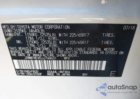 2018 Toyota Rav4 Le из США, поврежденный, VIN JTMBFREV0JJ744631